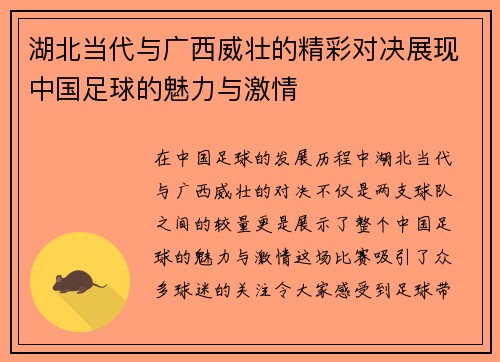 湖北当代与广西威壮的精彩对决展现中国足球的魅力与激情